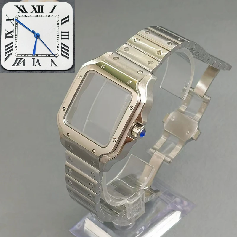 NH35 Case 38mm Square Santos Steel Case and 27mm Dial Mineral Coated Glass Fits NH35 NH36 4R35 7S26 Movement Replace Watch Case