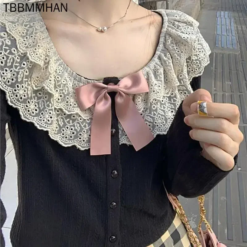 

Autumn Kawaii Lolita Knitted Cardigan Women Lace Black Korean Sweet Cute Sweater Female Bow Japanese Elegant Sweater Tops