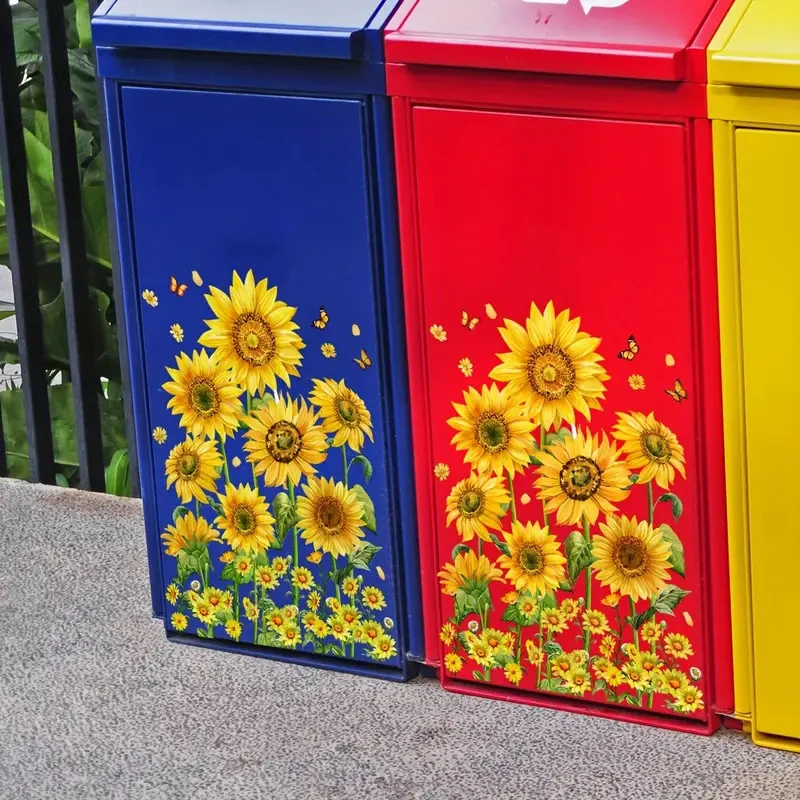 Sunflower Trash Can Stickers Floral Wheel Trash Can Stickers Self-Adhesive Waterproof PVC Decals For Walls Bathroom Home Decor
