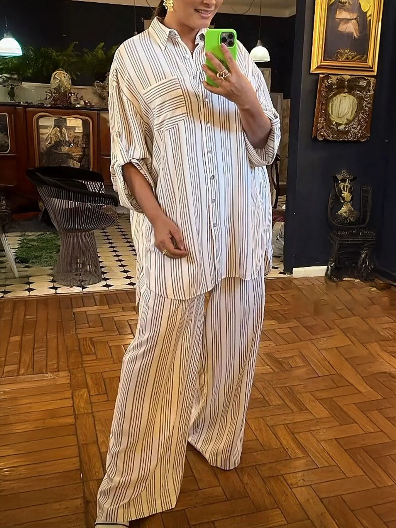 

Мода - вперед! Свободный комплект в полоску, снижение ленивого и повседневного стиля.