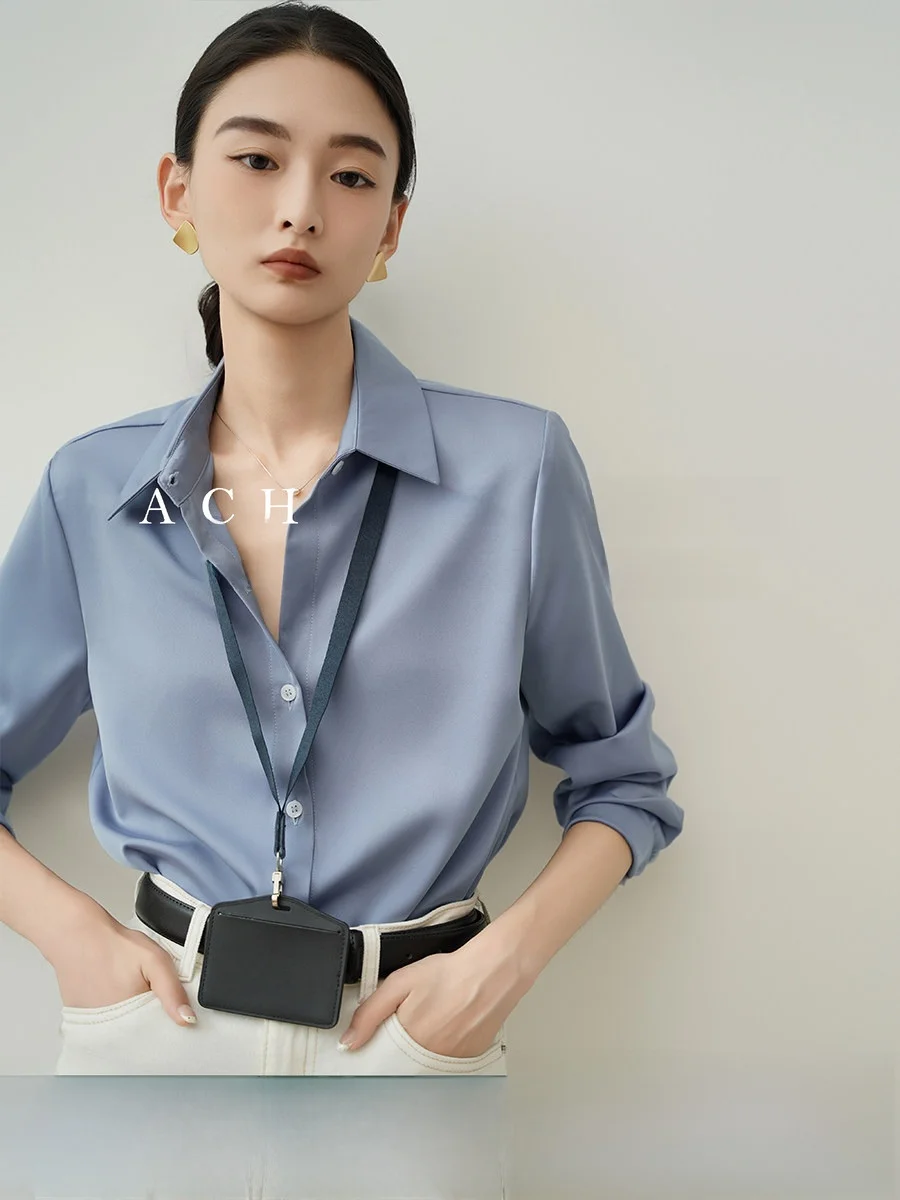 

Achu Blue Satin irt Women's Interview Profional Top Office Commute Faion Women's Clothing Straight Cut Long Sve