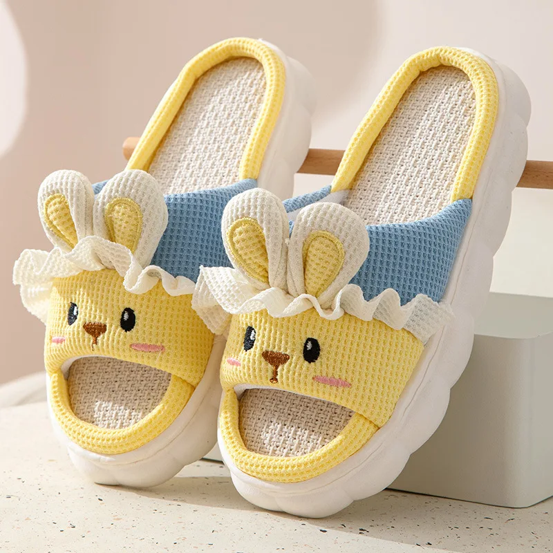 Cute Rabbit Plush Slippers Women Men Four Seasons Cotton Linen Slippers Winter Platform House Slippers Non-Slip Floor Mute Shoes