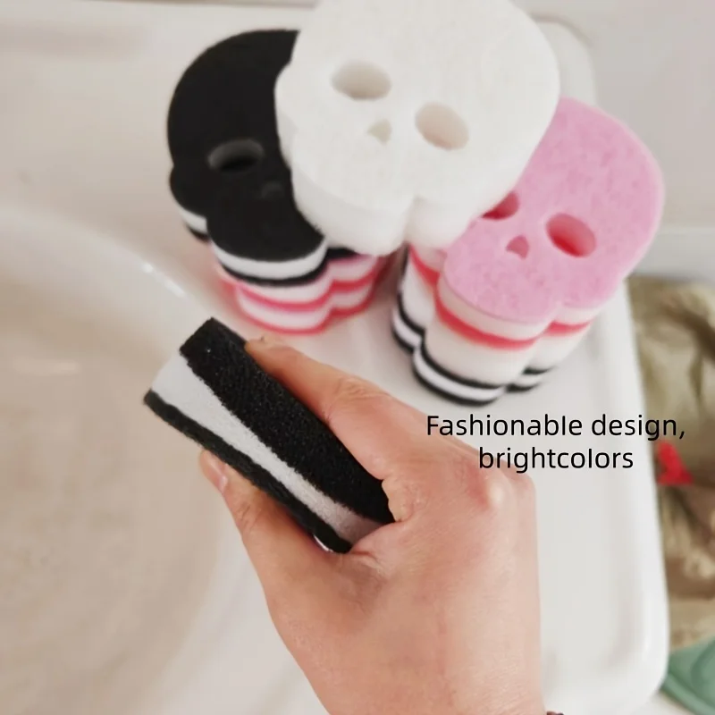 10/5 Pieces in Random Colors, Skull Cleaning Sponge, Three-Layer Cleaning Sponge, Household Kitchen Sponge for Dishwashing, Imitation Loofah Sponge, Halloween and Christmas Gifts