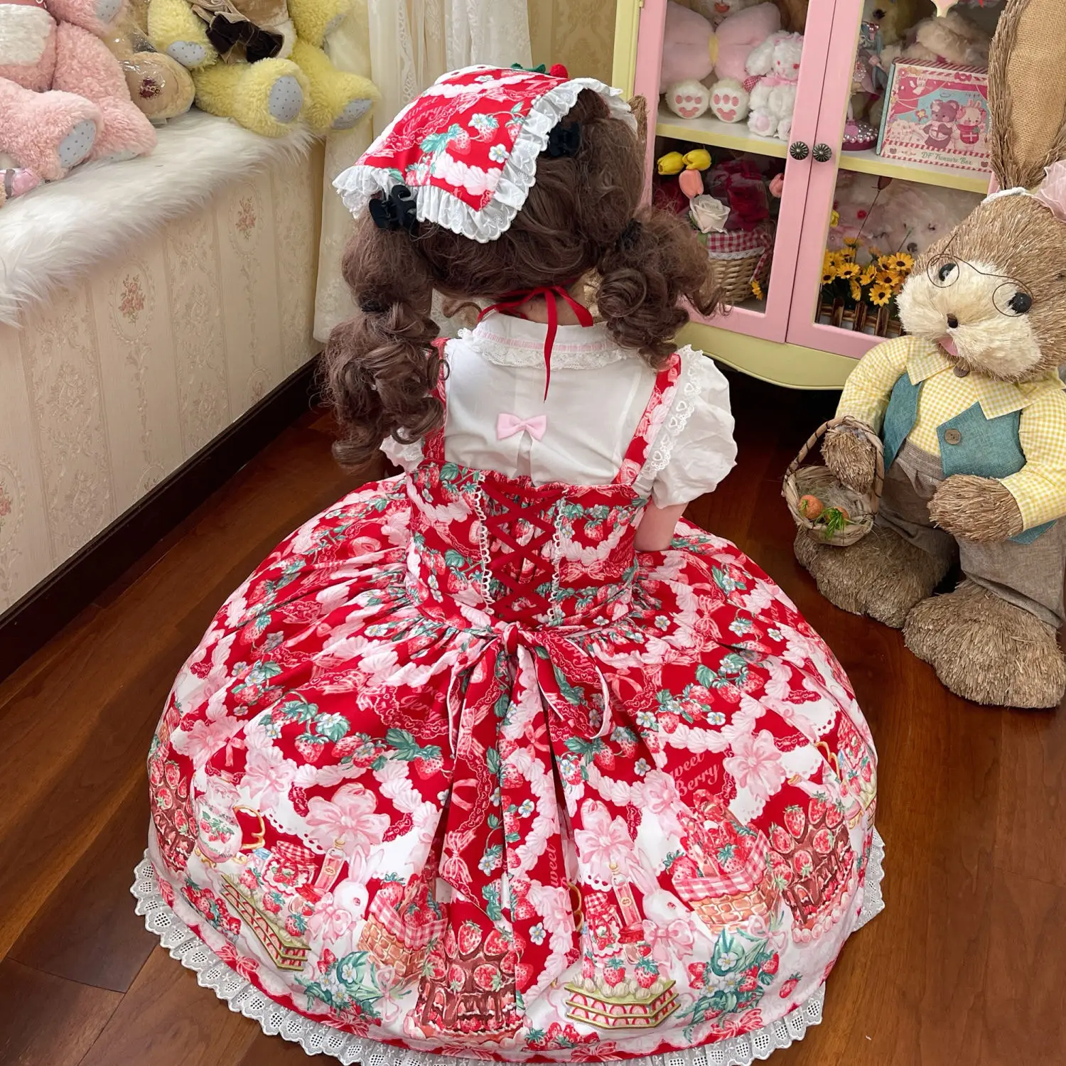 

MAGOGO Japanese Kawaii Lolita Jsk Dress Women Sweet Bow Strawberry Print Lace Trim Strap Dress Harajuku Princess Party Dresses