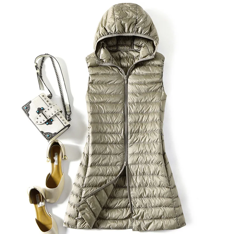 Women's Lightweight Slim Down Vest Hooded Long Portable Sleeve Puffer Jacket Winter Coat Fashion  двухсторонняя куртка VT-346