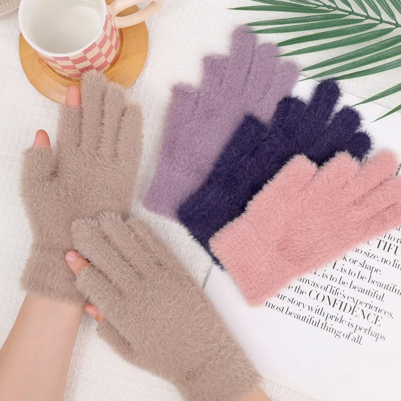 Imitation Mink Hair Fingerless Gloves Soft Fleece Plush Knitted Winter Gloves Convenient Outdoor Chill-proof Gloves for Women