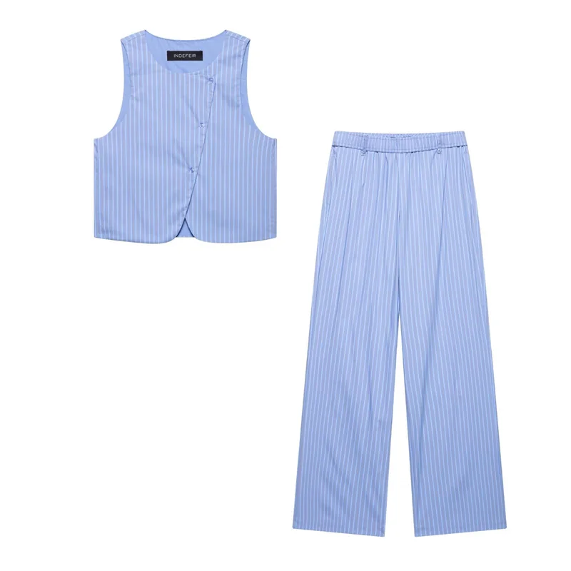 

Women's suit New Spring 2025 Blue Striped Vest Trousers Diagonal Buckle Design Stylish Commuting Casual Set