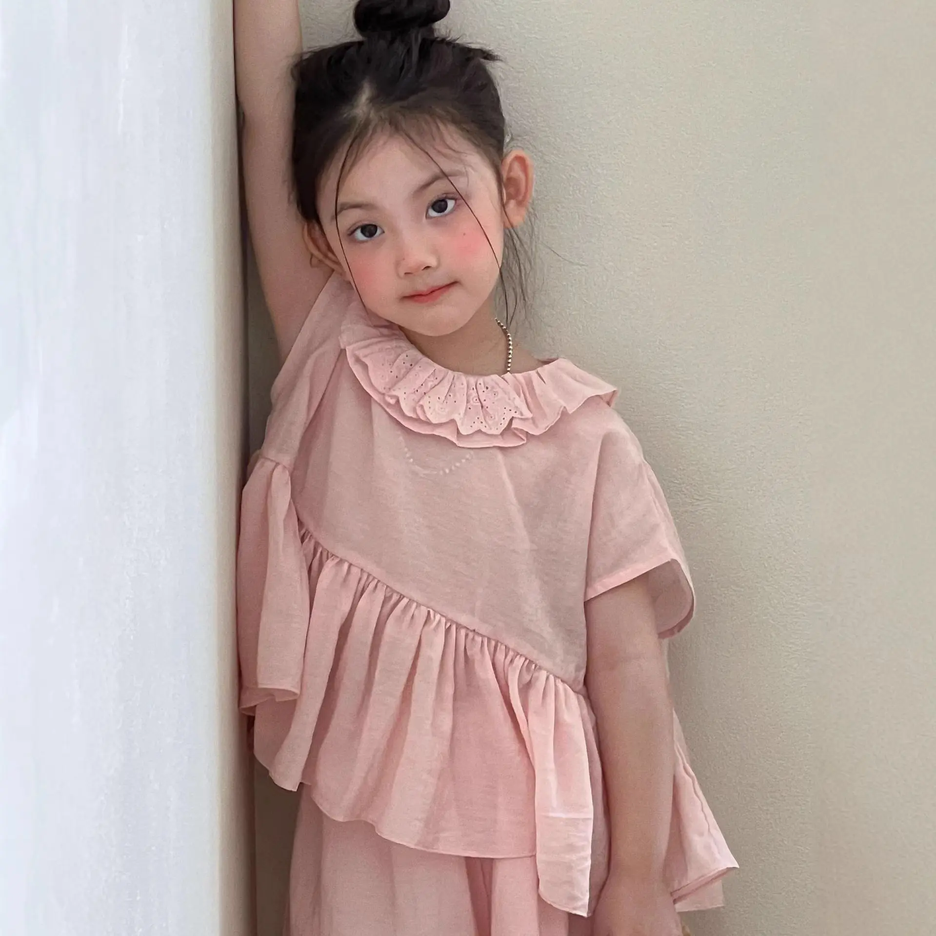 Summer Baby Girls Stylish Oversized Drop Shoulder Ruffled Shirt Top+Pant Set Kids 2PCS Tracksuit Children Vacation Outfit