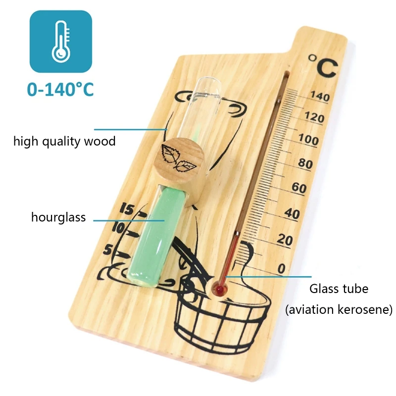 2 in 1 Sauna Thermometer Sand Timer Hourglass Wooden Thermometer Temperature Gauge Water-proof Anti-corrosion 0-140 ℃