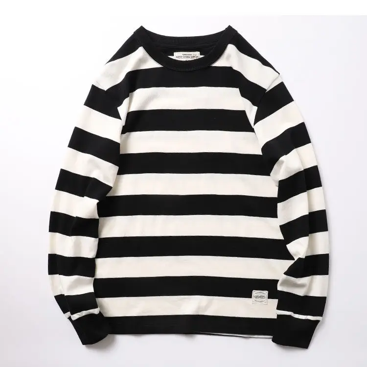 Autumn New American Retro 280g Heavyweight Sailor's Striped T-shirt Men's Fashion 100% Cotton Washed Casual Loose Tough Guy Tops
