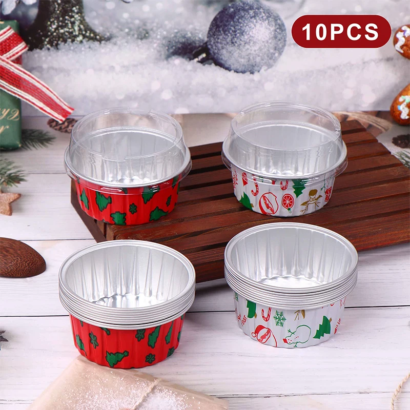 

10Pcs Reusable Round Aluminum Foil Tin Cup With Lids Pudding Cake Mold Air Fryer Tinfoil Box Small Baking Tray Tinfoil Cups