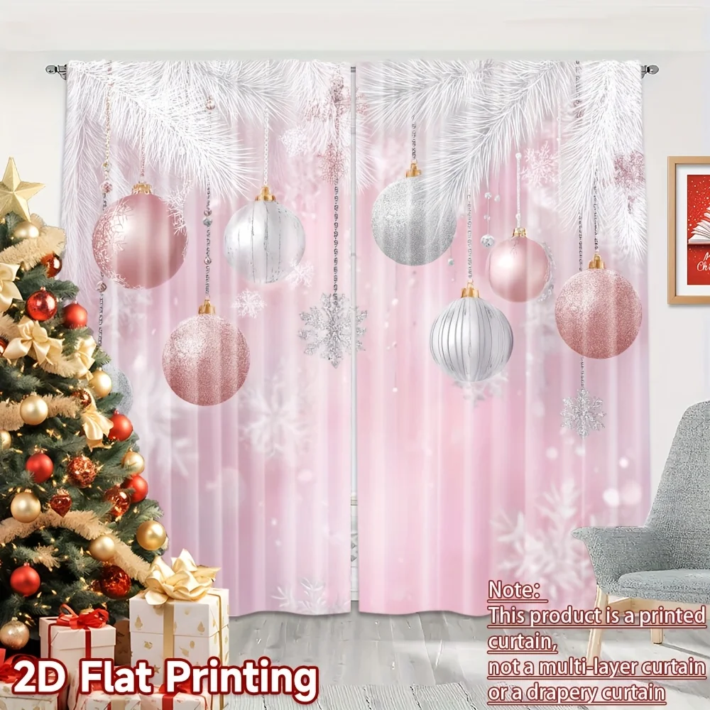 2PCS Christmas Winter Curtains, Pink Silver Bauble Pine Snowflake, Digital Print, Bedroom Living Room, Rod Pocket, Home Decor