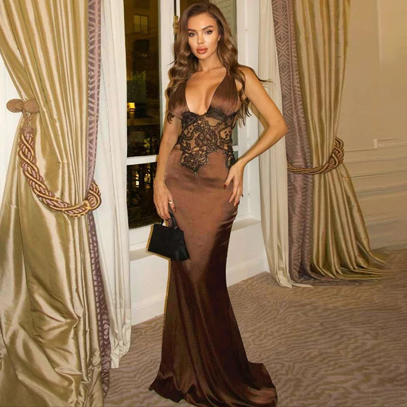 

TARUXY Sexy Lace Deep V-Neck Dress Women Summer New Solid Slim Backless Elegant Party Dress Female High-Waisted Suspenders Dress