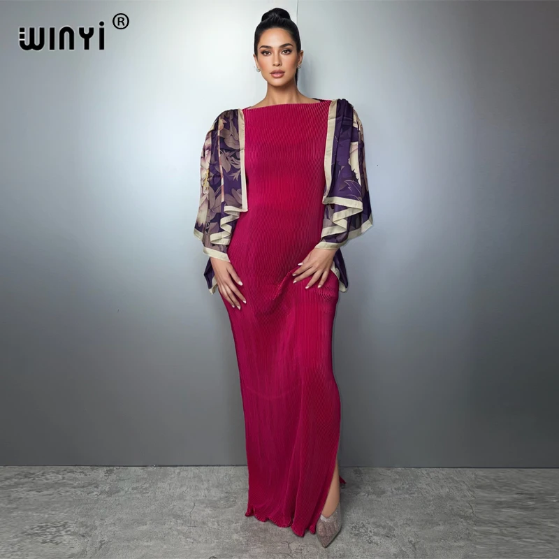 

WINYI Slim Pleated Dress Elastic Boho Beach Cover up Holiday Kaftan Abaya for Muslim Women Dubai Luxury Party Evening Wear
