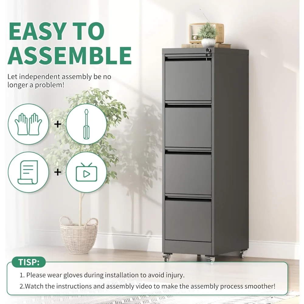 خزانة ملفات معدنية للمكتب المنزلي مع قفل، وحدة تخزين متنقلة بأربعة أدراج لتنظيم ملفات الرسائل/القانونية/A4 تحت المكتب