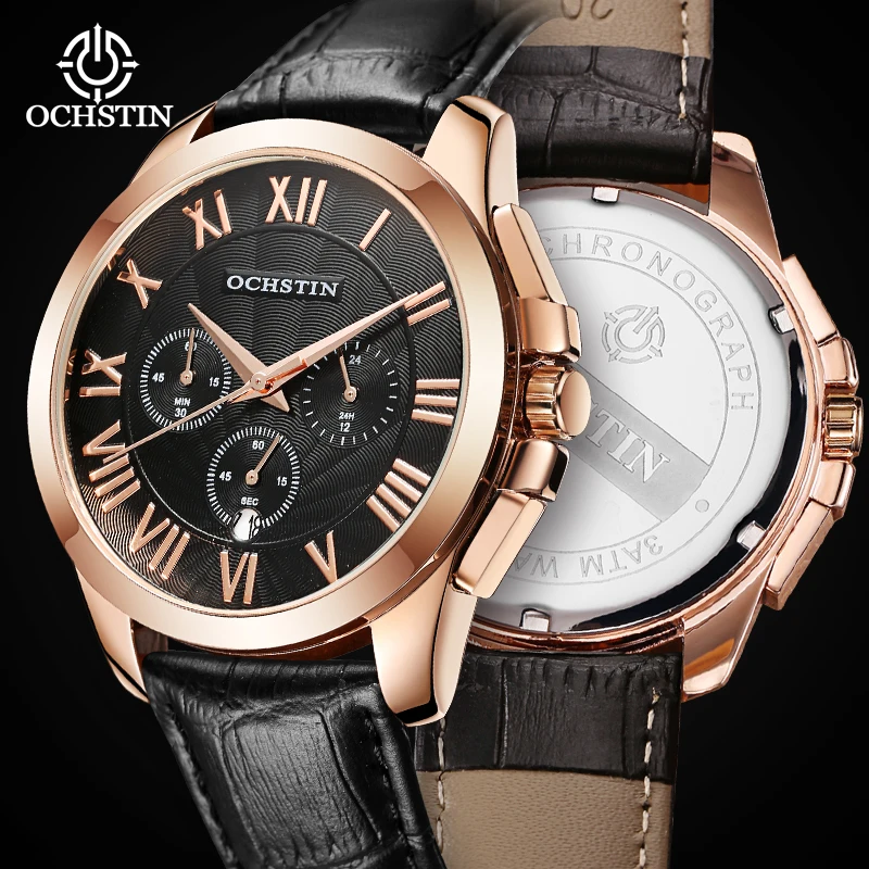 OCHSTIN Man Multifunctional Quartz Movement Watches Men's Calendar Leather Strap Prominente Series Luxury Fashion Clock Male