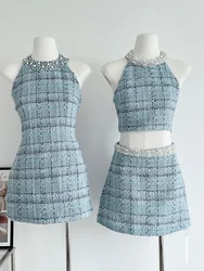 Small Fragrance Fashion Beads Tweed Sexy Slim Halter Sleeveless Bodycorn Dress Korean Elegant Slim Waist Mini Dresses 2024 New