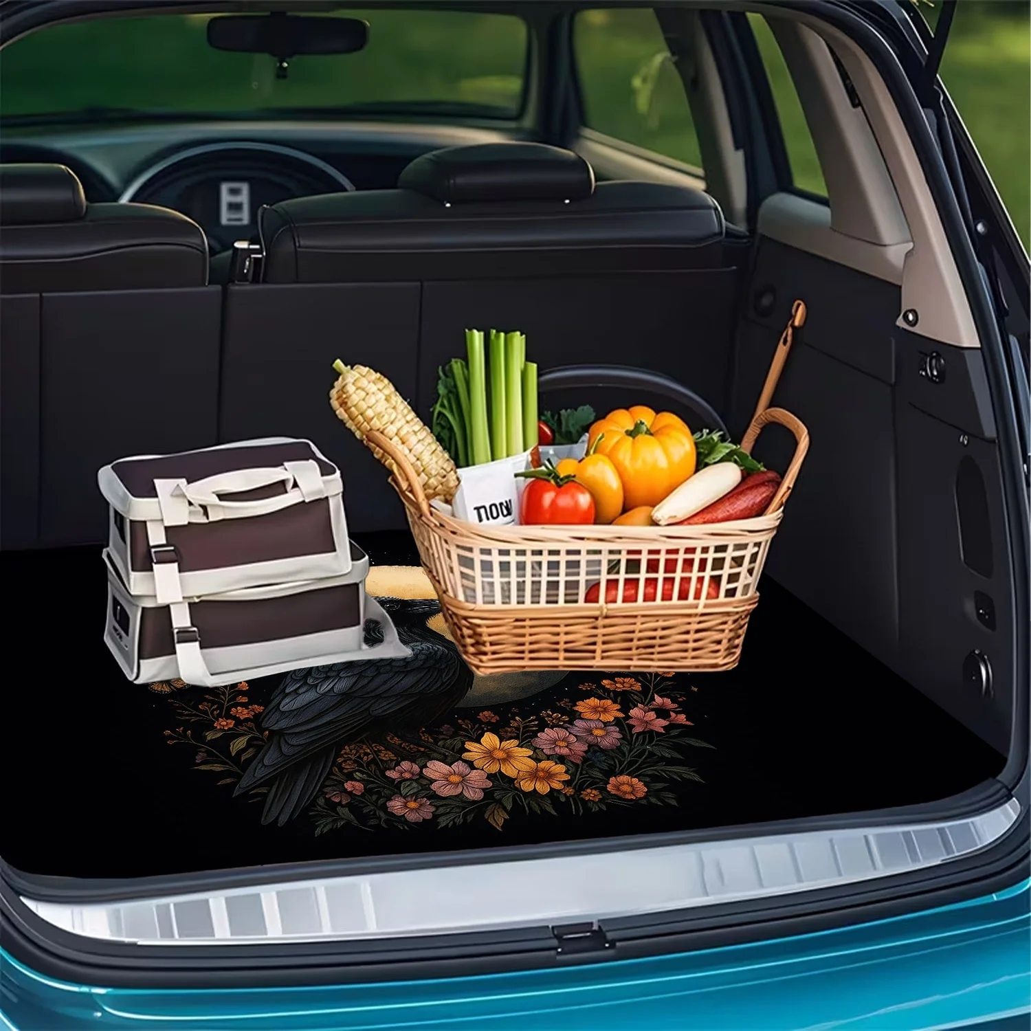 1pc Dark Style Raven And Floral Pattern Car Trunk Mat, Mysterious Nature Print Design, Essential Travel Accessory, Fit For Multi
