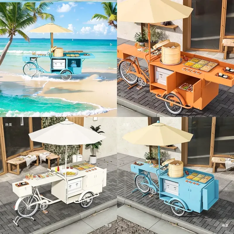 Mobile 3 Wheel Food Cart Stainless Steel Snack Stall Street Vendor Dining Truck Multi Function Sales Kiosk for Night Market