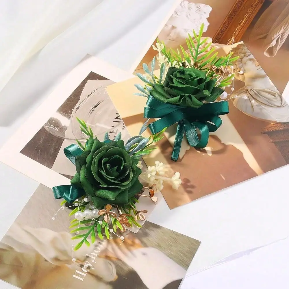 

Flower Wrist Corsage Boutonniere For Men Wedding Party Prom Decorations Gre1en
