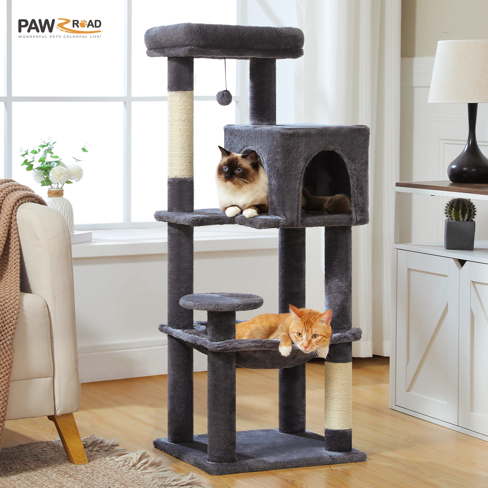 

Multi-Level Cat Tree Tower with Scratching Posts Soft Top Perch Hammock Plush Cat Condo House for Indoor Cat Scratchers Cat Toys