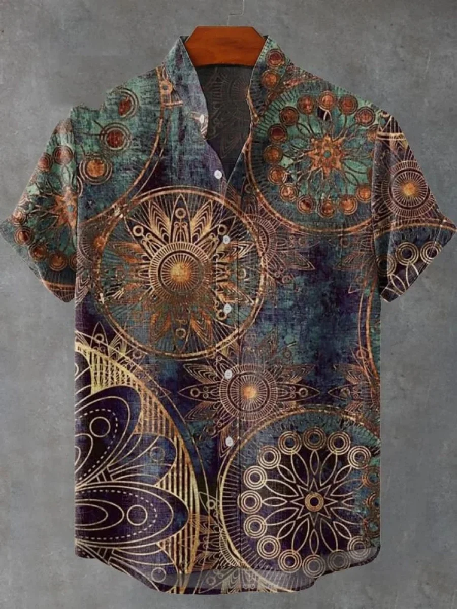 Men's Casual Fashion Linen Shirt, Short Sleeve Top, Floral Art Print Hawaiian Shirts 2025 Senior Social Shirt Camisa Masculina