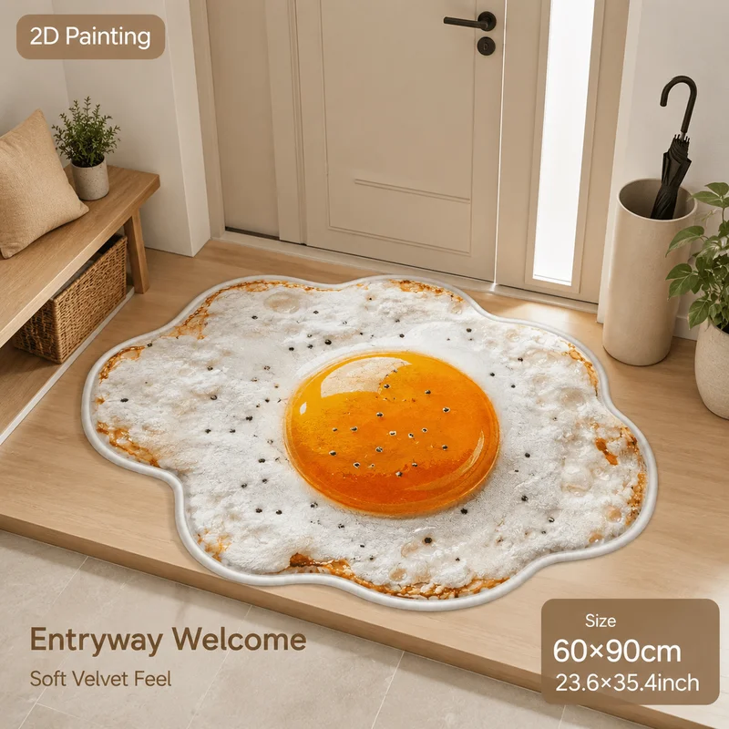 VIKAMA Sunny Side Up Egg Shaped Kitchen Mat Funny Fried Egg Non Slip Accent Rug Entryway Decor Winter Holiday Decor Cozy Winter