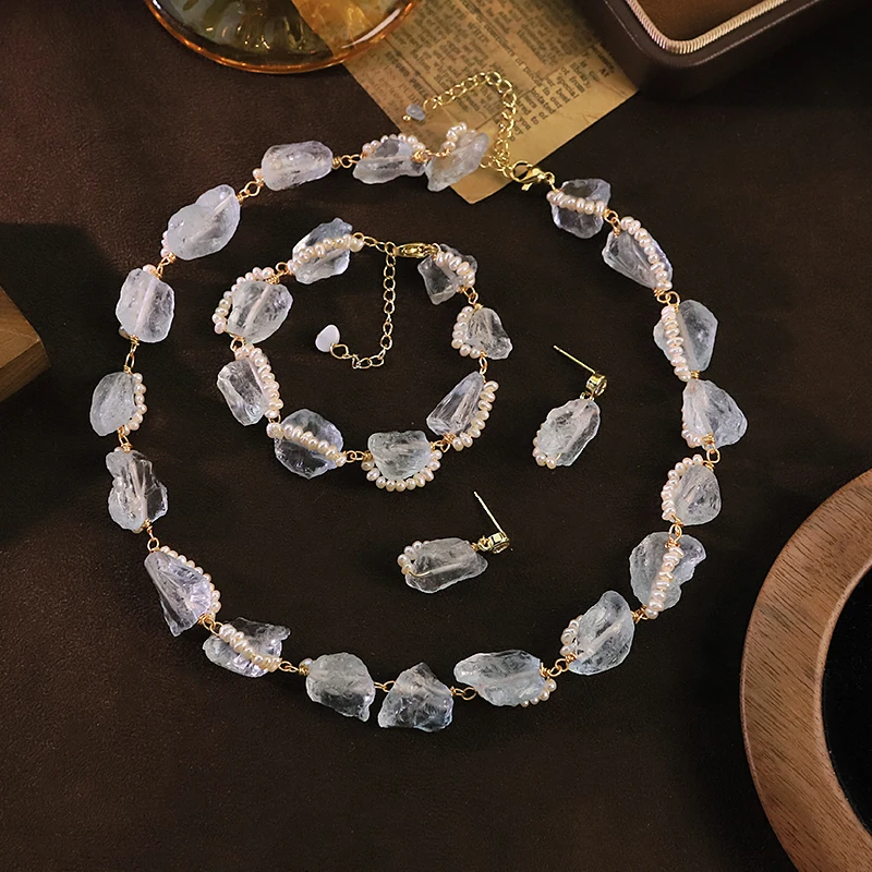 Natural Freshwater Pearl Aquamarine Jewelry Set for Women Daily Banquet Pearl Jewelry Set Gift Beach Vacation Dainty Jewelry view 3