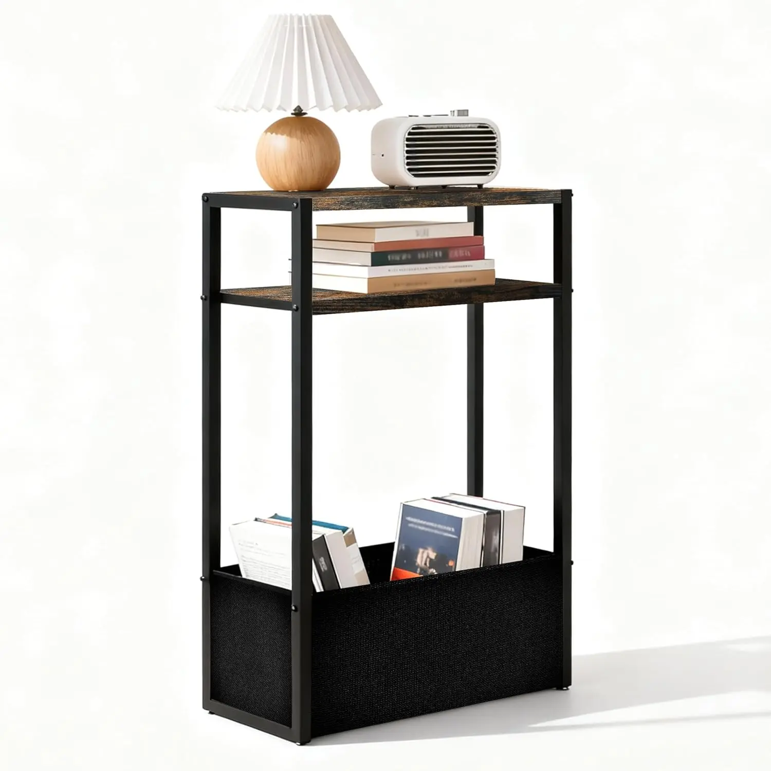

Slim Narrow Side Table 15.7' with Storage Shelf & Basket, Modern Space-Saving End Table for Studio, Dorm, or Apartment