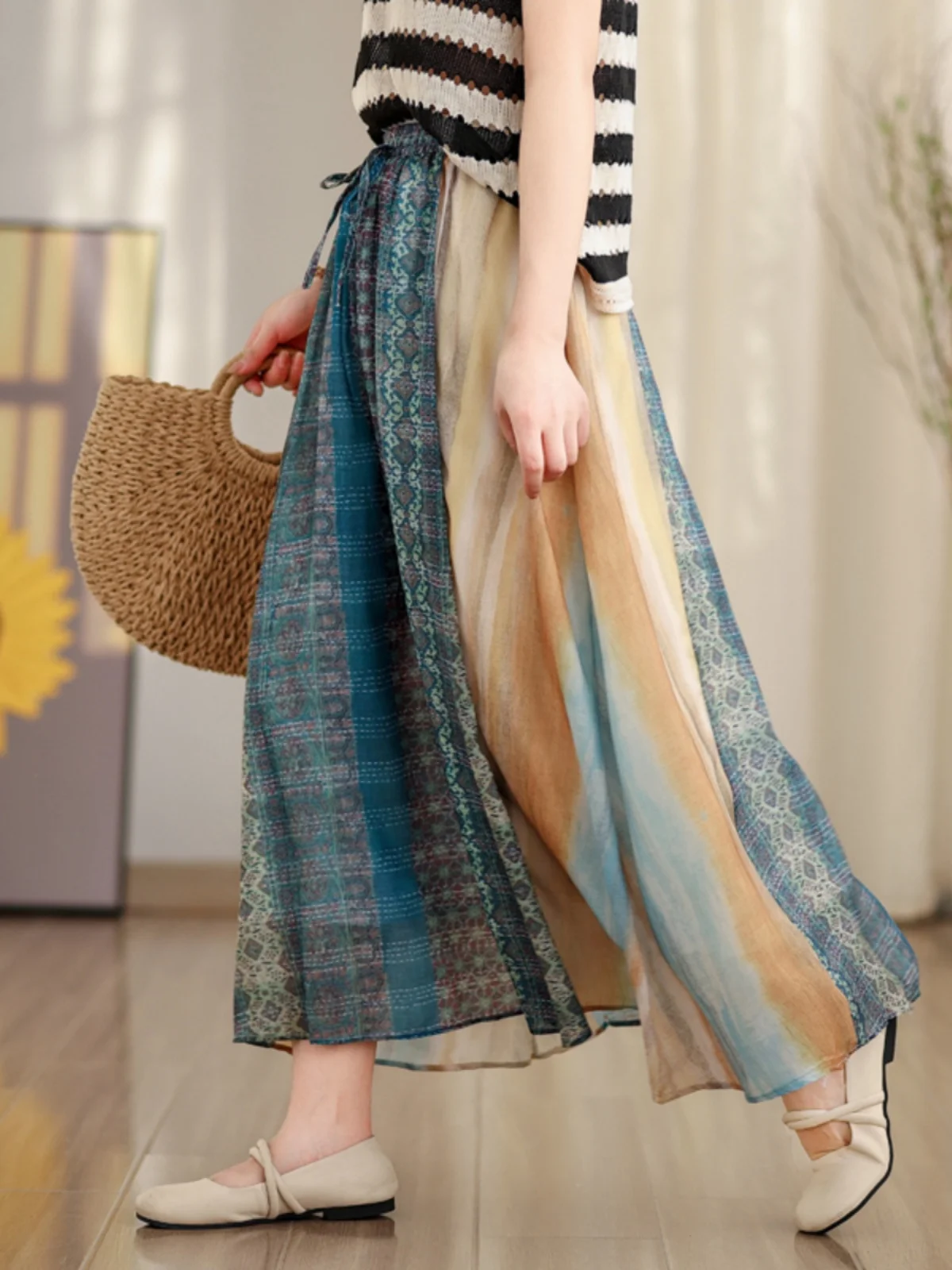 

Ретро-юбка А-силуэта с художественным радужным принтом, модная женская юбка средней длины с эластичной талией, летняя одежда