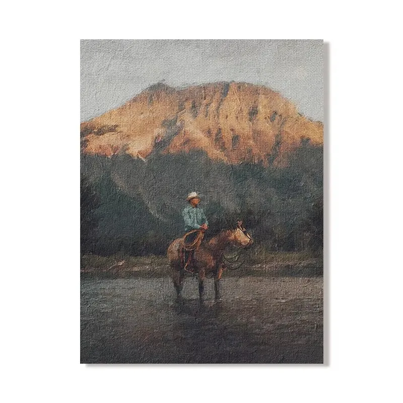 Vintage Cowboy Portrait Oil Painting Canvas Poster Rustic Western Wall Art Prints Southwest Horse Rider Pictures Farmhouse De