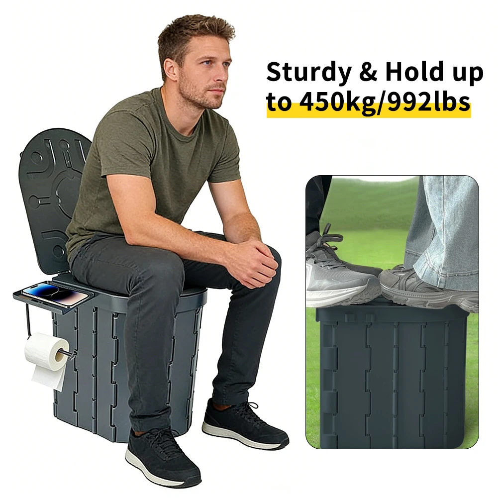 Tragbare Campingtoilette mit Deckel & Toilettenpapierhalter, Abnehmbares Sitzkissen, für Campingausflüge, Auto, Innen-/Außenbereich