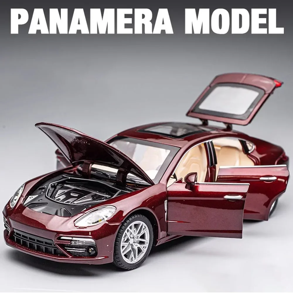 1:24 porsche panamera modelo de carro esportivo em miniatura, liga de brinquedo, portas fundidas, som aberto, luz, puxar para trás, supercar, ornamentos, presentes