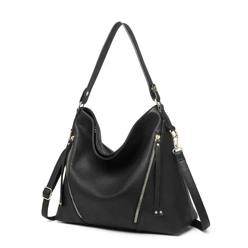 Ladies Leather Hobo Large Tote Bag Front Zipper Design Luxury Leisure Black Women's Handbags Purse Free Shipping Shoulder Bag