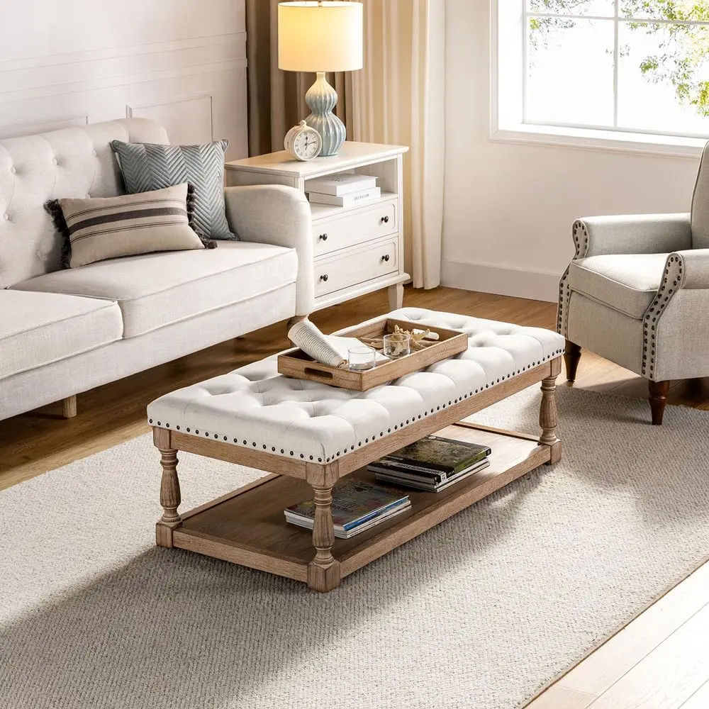 

Rectangle Ottoman Coffee Table with Tray, Tufted Living Room Ottoman with Solid Wood Storage Shelf, Ivory