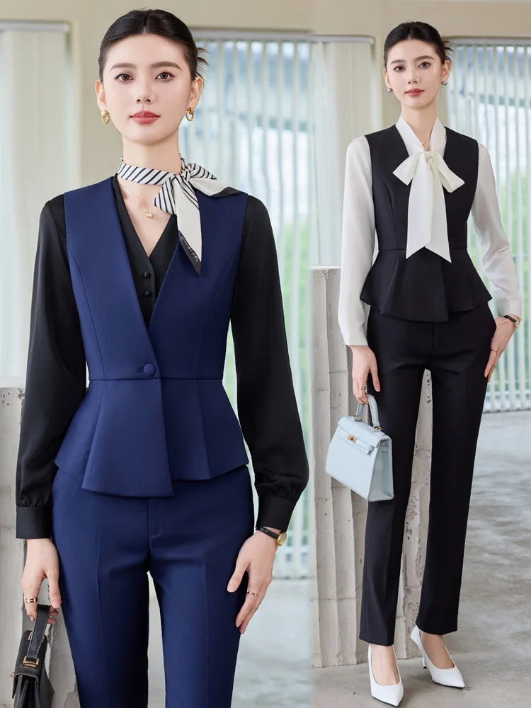 Blue vest suit for women, spring and autumn professional formal wear, vest for hotel service staff, beauty salon front desk work