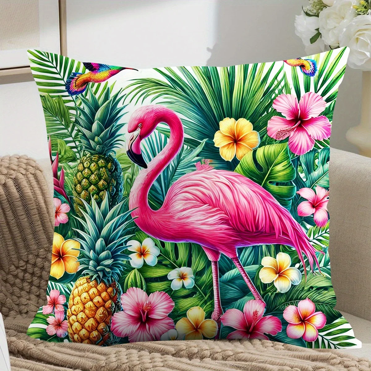 1pc 2D Flat (Pillow Not Included) Pink Flamingo Tropical Pineapple Hibiscus Cushion Cover Short Plush Summer Decor Throw Pillow