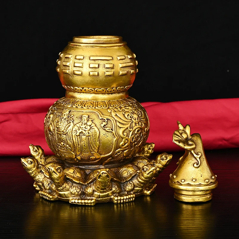 

China carved copper nine turtle gourd Statue home office desk decor eight treasures turtle gourd Feng Shui Auspicious ornament