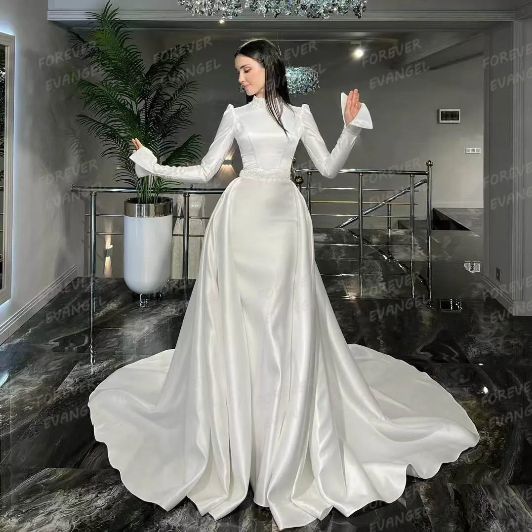 Simple Mermaid Wedding Dresses Muslim Woman's Long Sleeve Formal High Neck Bride Gowns Customized Vestidos فساتين حفلات الزفاف