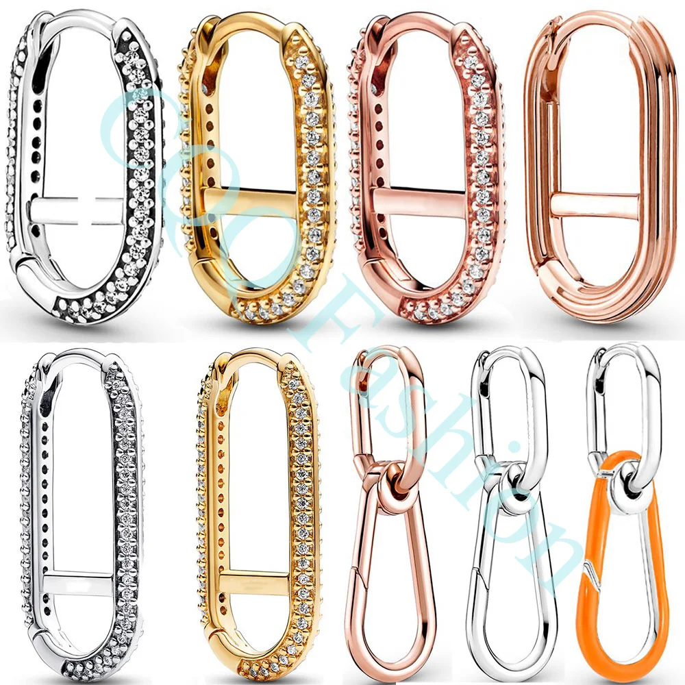 Authentic 925 Sterling Silver ME Extended & Pavé Fashion Single Hoop Link Earring For Women Gift DIY Jewelry