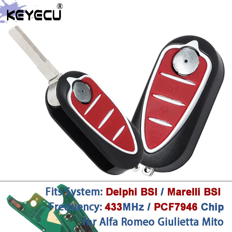 KEYECU for Delphi BSI / Marelli BSI 433MHz PCF7946 Chip Flip Remote Key Fob 3 Button for Alfa Romeo Giulietta Mito 2008-2016