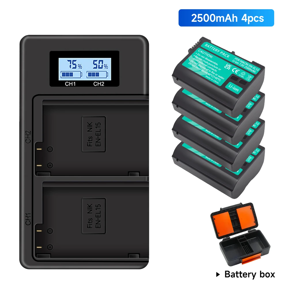 

2500mAh EN-EL15C EN-EL15 Camera Battery+LCD Dual USB Charger for Nikon Z5, Z6, Z6 II, Z7, Z7II D600 D610 D600E D800 D800E D810