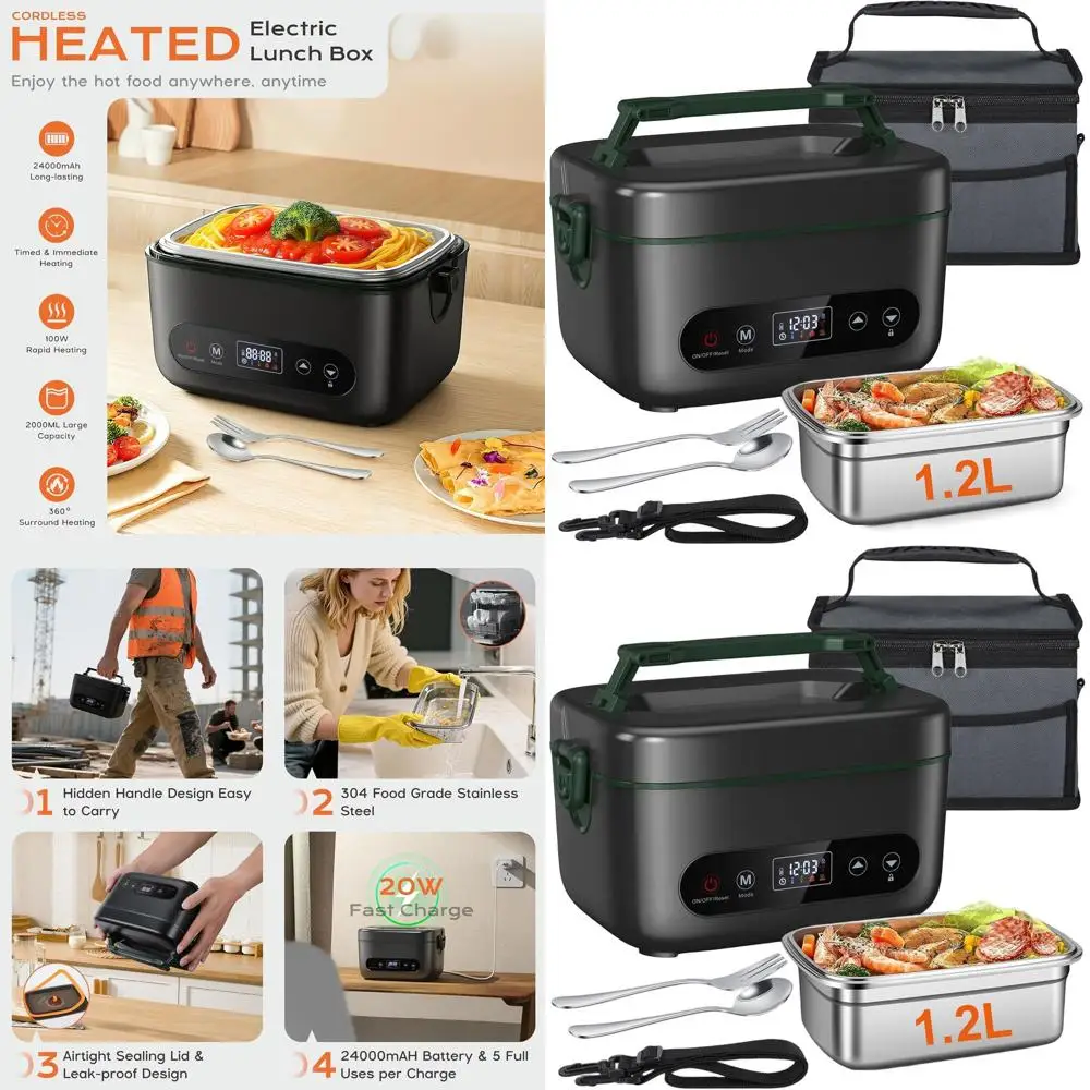 

Portable 1.2L Electric Lunch Box for Adults - 24000mAh Battery, Self-Heating, Insulated Bag, Ideal for Men, Car, Office, Work (B