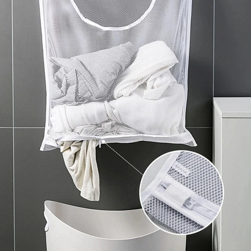 Dirty Clothes Storage Bag Basket Frame Bucket Foldable Mesh Laundry Bathroom Wall Hanging Household Clothing Organizer with Hook