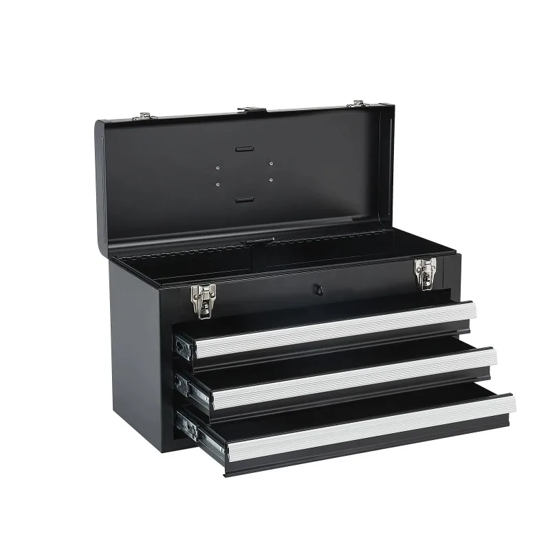 SucceBuy 20in 3-Drawer Metal Tool Box Black/Red Tool Chest with EVA Liners Multifunction Tool Organizer for Garage & Workshop