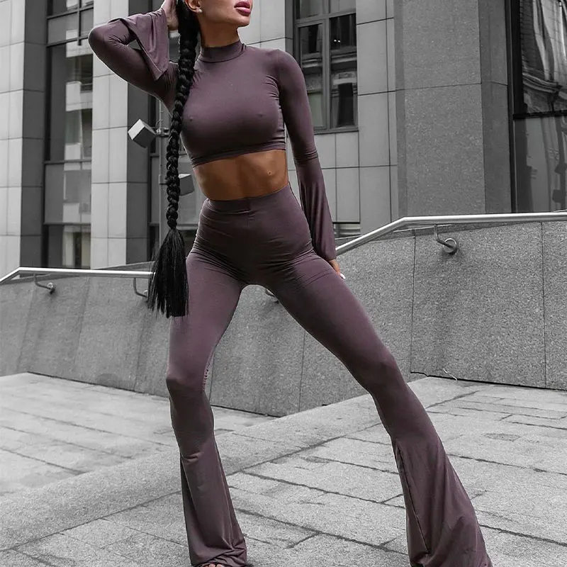 

Autumn Winter Pants Tees 2 Piece Set Women New Streetwear Fashion Half High Collar Long Sleeves Tees Casual Slim Female Trousers