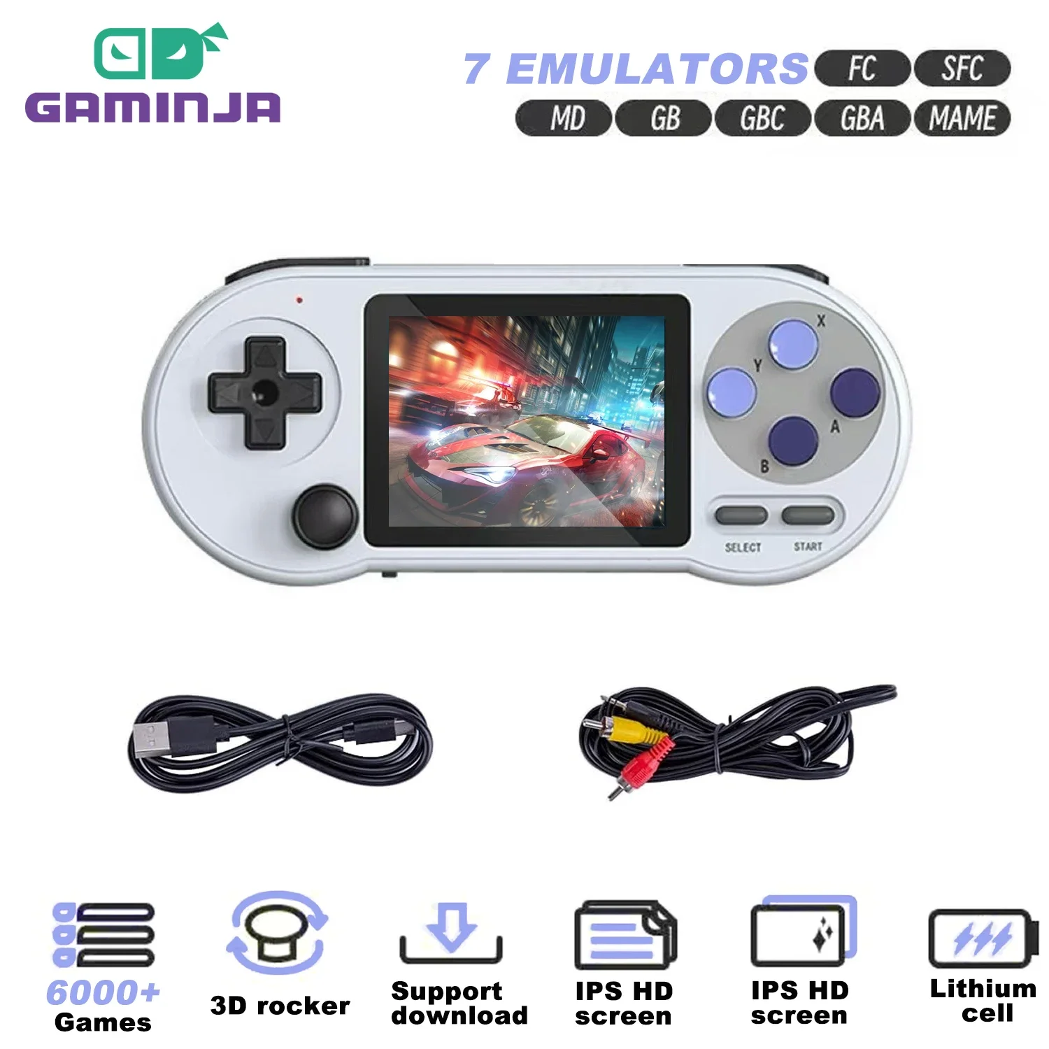 GAMINJA SF2000 Handheld Game Console 3 Inch IPS Screen Video Game Player Built-in 6000 Classic Games Portable Retro Game Console