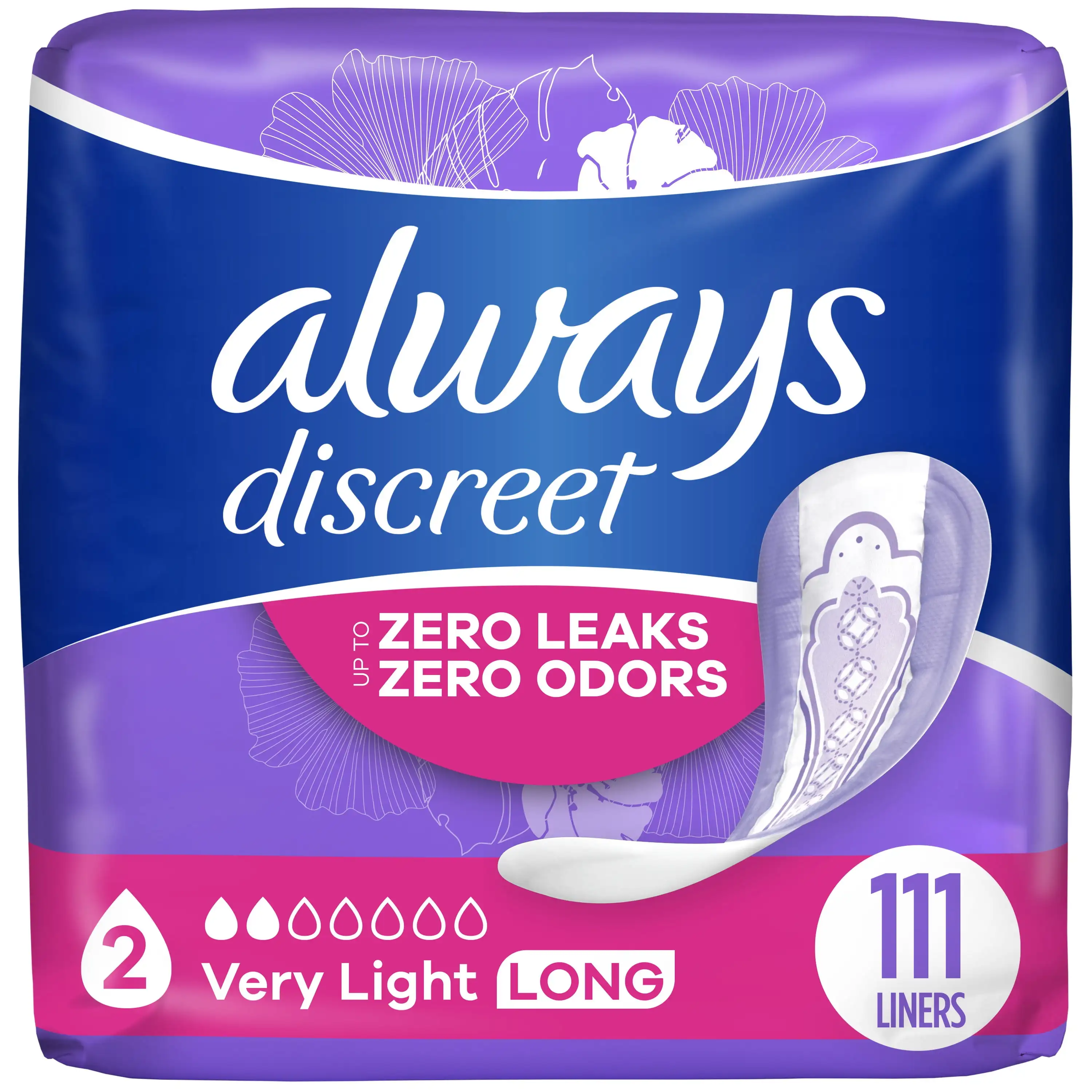 

Incontinence Liners, Very Light Long, 111 Ct