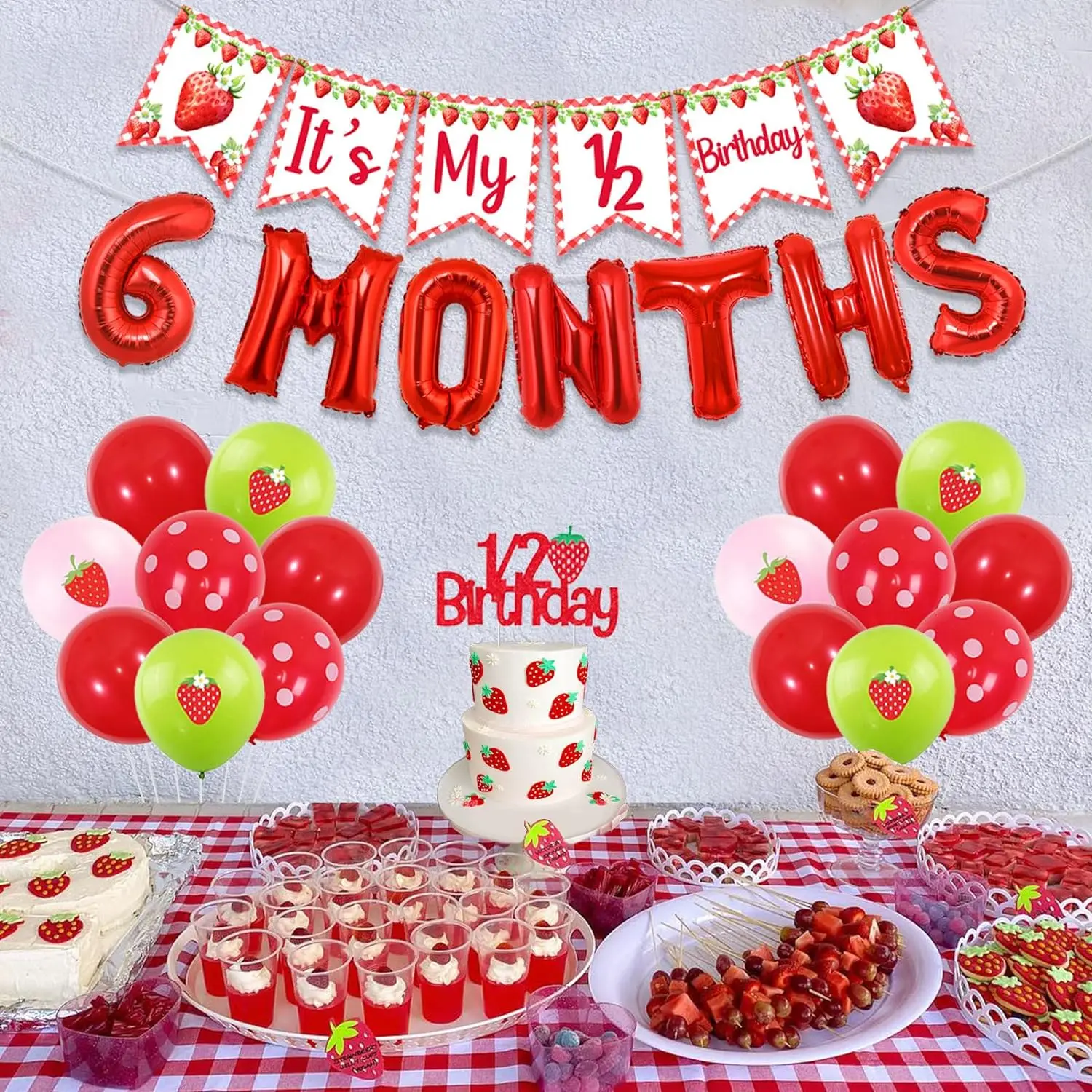 Strawberry Half Birthday Decor It’s My 1/2 Birthday Banner 6 Months Balloons Cake Topper for Girls 1/2 Birthday Party Supplies