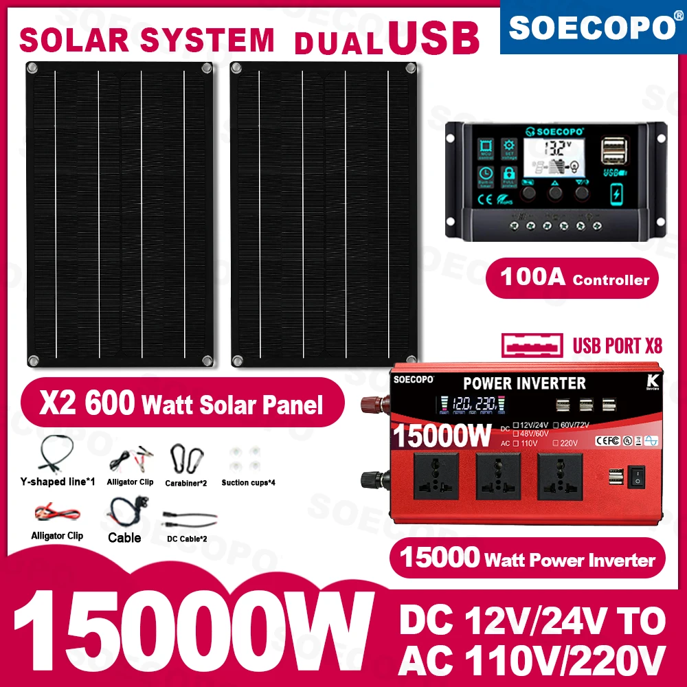 SOECOPO 15000 W komplettes tragbares Photovoltaik-Kit 2 x 600 W Solarmodule DC 110 V/220 V Wechselrichter 100 A Controller für Campinghaus